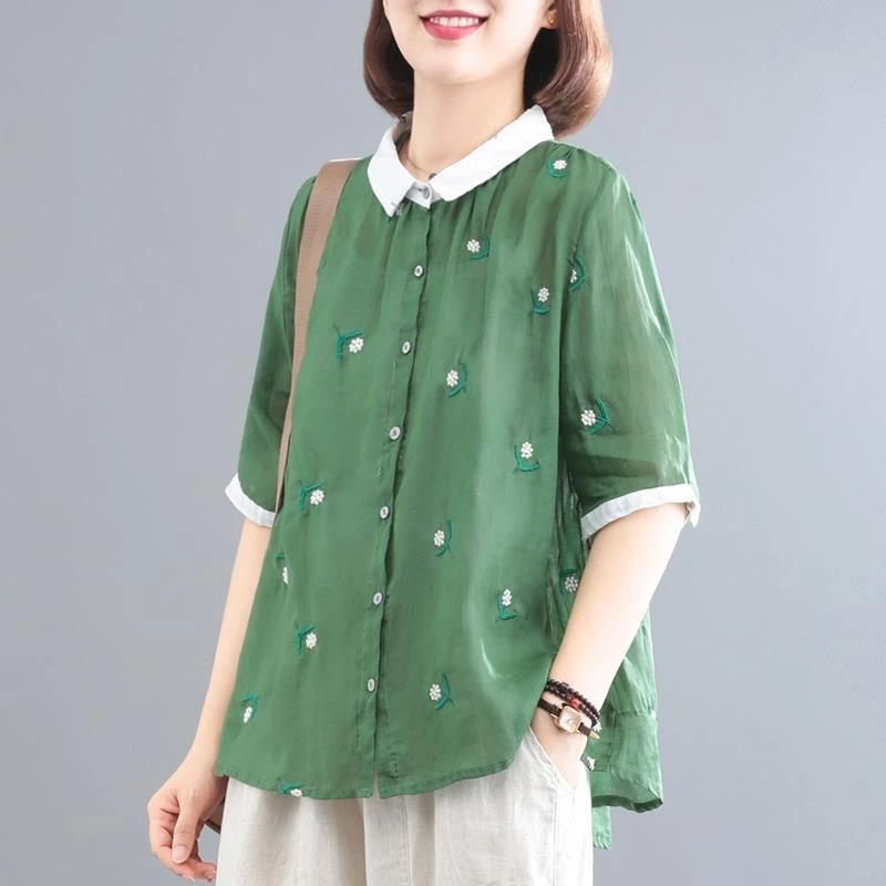 复古立体刺绣棉麻五分袖衬衫女夏季新款拼色印花翻领单排多扣衬衣