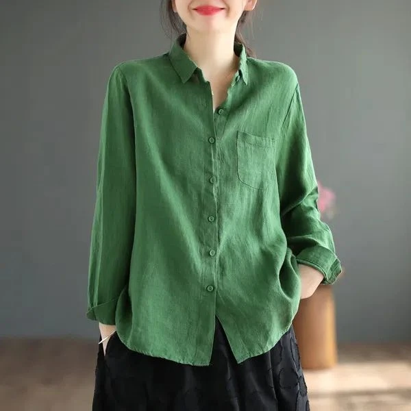 纯色棉麻翻领单排扣长袖衬衫女2025春秋新款时尚显瘦衬衣休闲衬衫