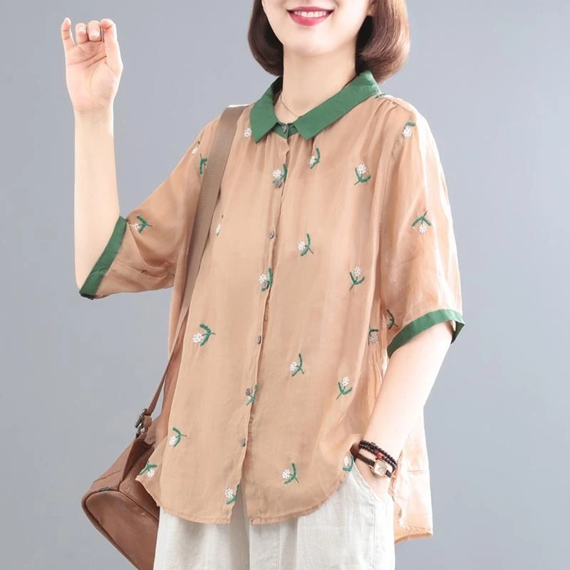 棉质休闲大码绣花衬衫夏装新款翻领宽松显瘦遮肚子五分袖百搭衬衣