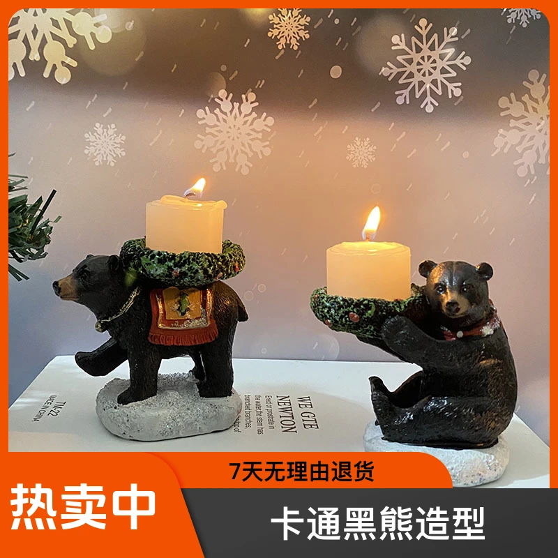 跨境创意烛台小熊摆件圣诞节蜡烛香薰桌面装饰卡通黑熊圣诞装饰品