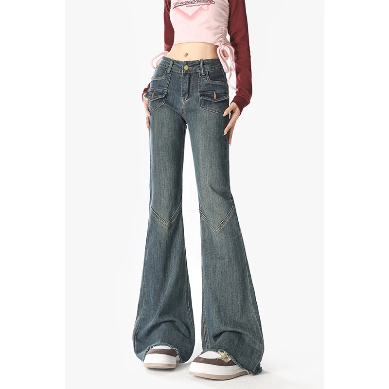 春秋复古微喇加厚牛仔裤女设计感毛边休闲马蹄喇叭拖地裤子