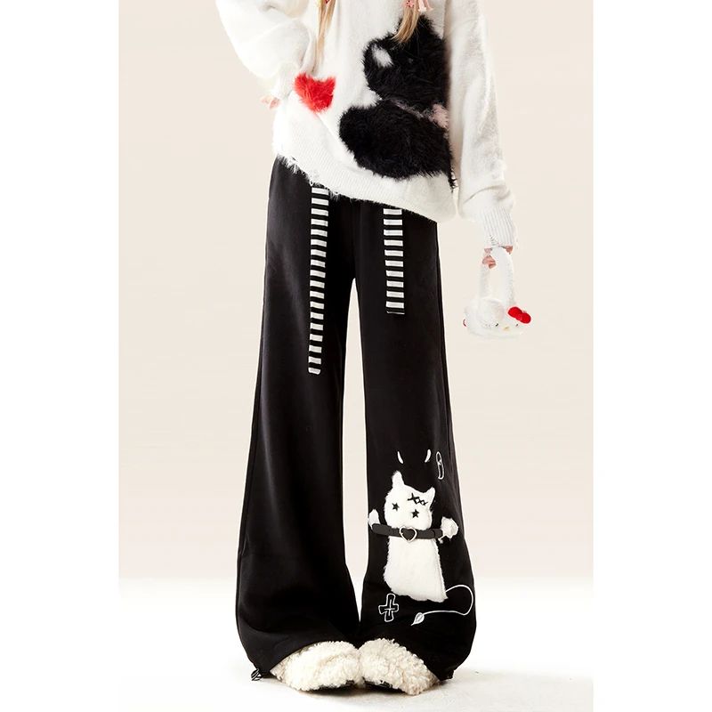 自然涩猫咪刺绣休闲运动裤女2024新款冬季黑色宽松直筒阔腿长裤子