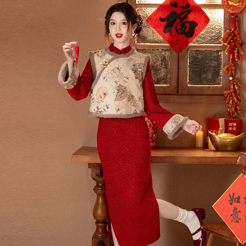 尘记拜年服马甲过年红色旗袍新中式冬季保暖连衣裙日常