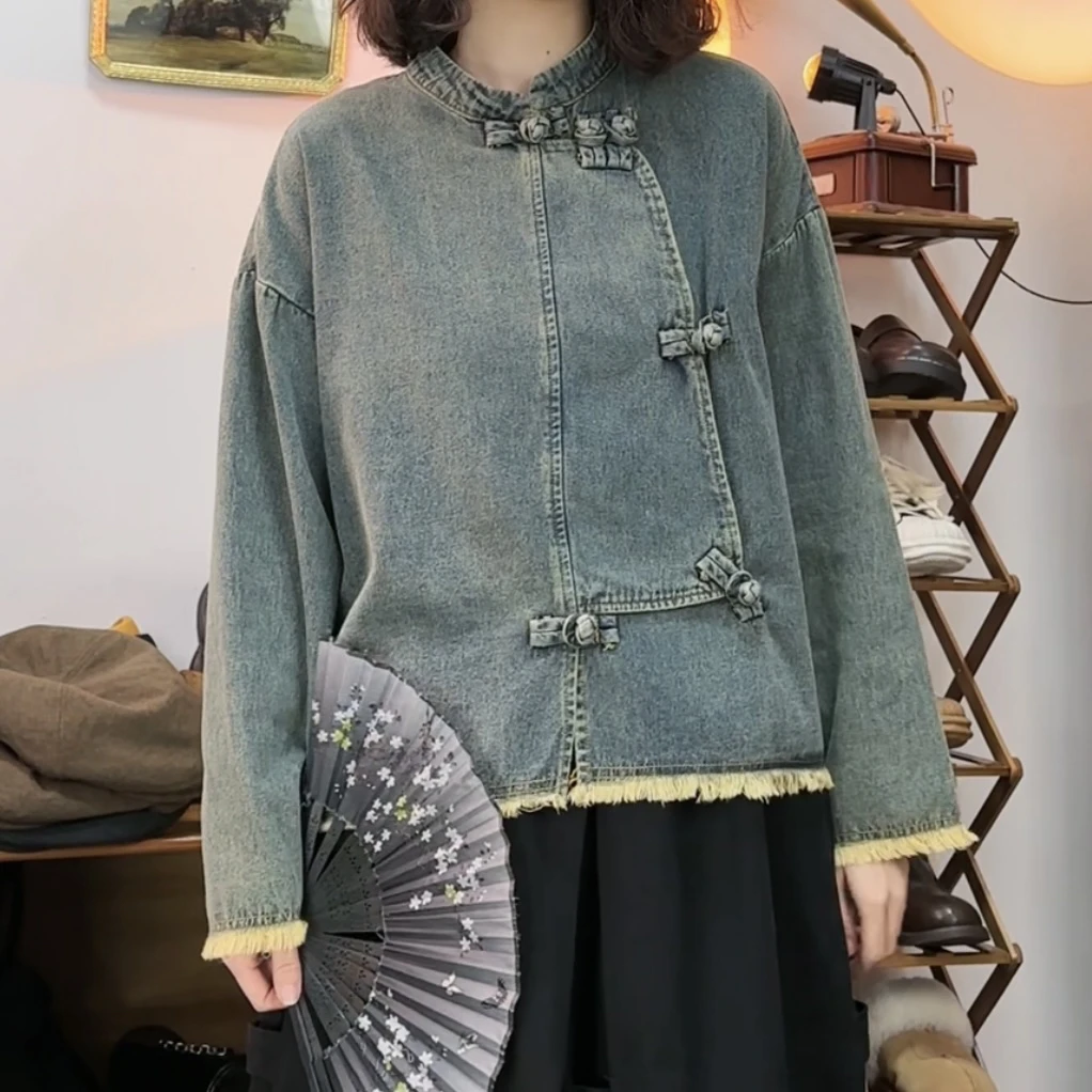 PQ 洋气立领盘扣牛仔小众流苏边水洗做旧斜襟新中式国风衬衫