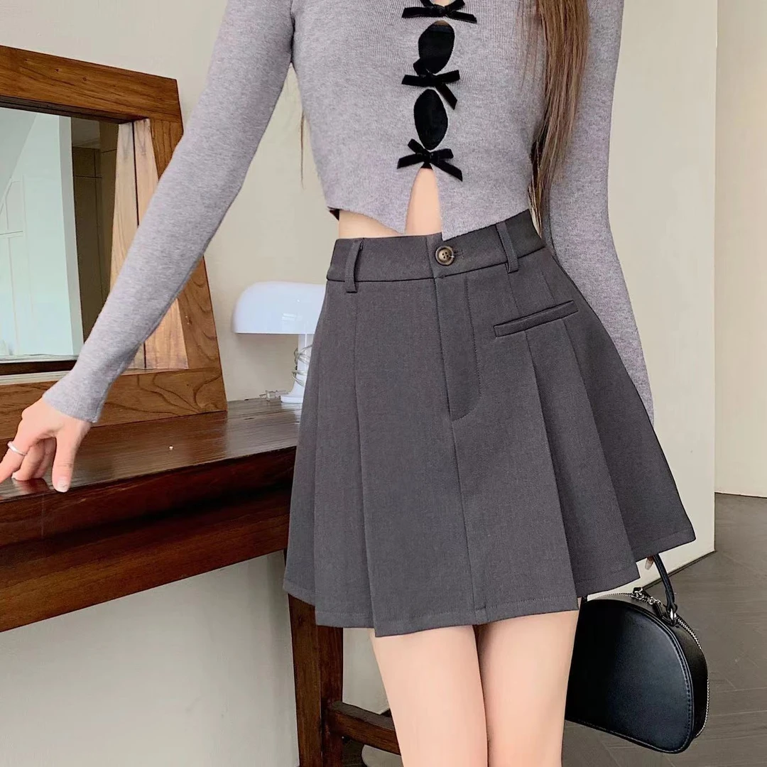 配腰带灰色百褶裙春秋新款A字半身裙高腰显瘦防走光流行短裙女