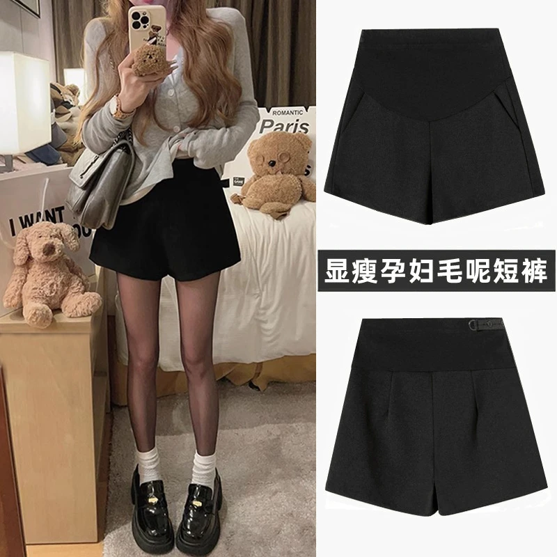 孕妇靴裤秋冬短裤黑色托腹毛呢宽松孕期外穿显瘦阔腿a字打底裤子