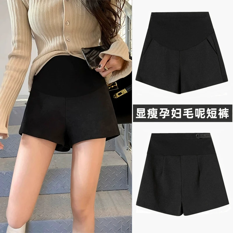 孕妇靴裤秋冬短裤黑色托腹毛呢宽松孕期外穿显瘦阔腿辣妈打底裤子