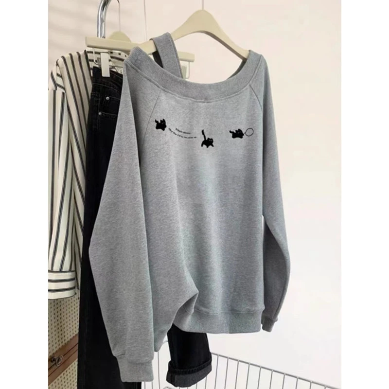 自留爆款推荐~美式灰色一字肩卫衣女春秋2024新款设计感别致上衣