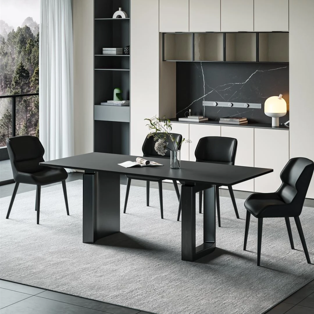 全托简约客厅家用黑色依诺岩板长方形小户型吃饭2024最新款餐桌椅
