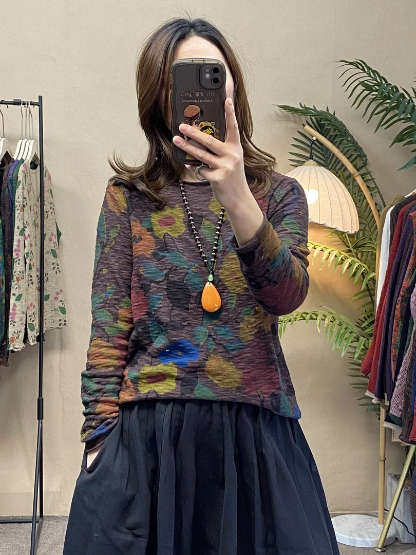 9988复古圆领印花休闲时尚百搭长袖针织衫套头圆领款洋气女装