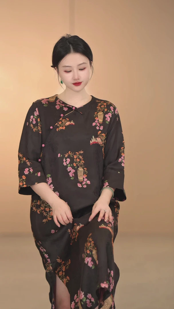【清风误佳人】长袖时尚复古中国风印花圆领斜襟提花中式显瘦新中式