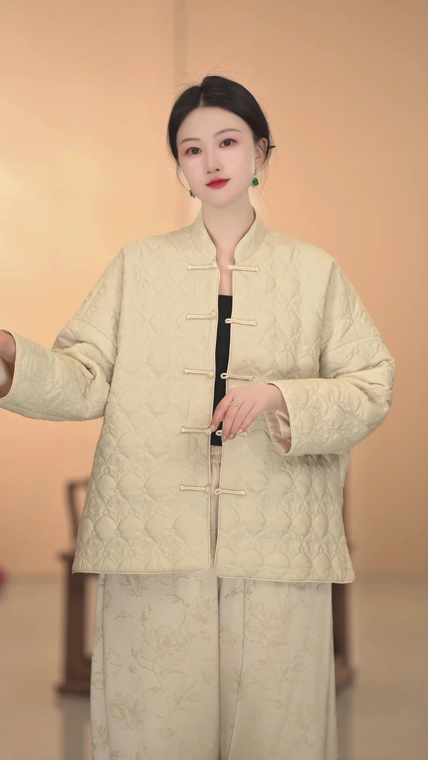 【杏色棉服】秋冬百搭复古冬季外套气质新中式对襟提花中国风棉服