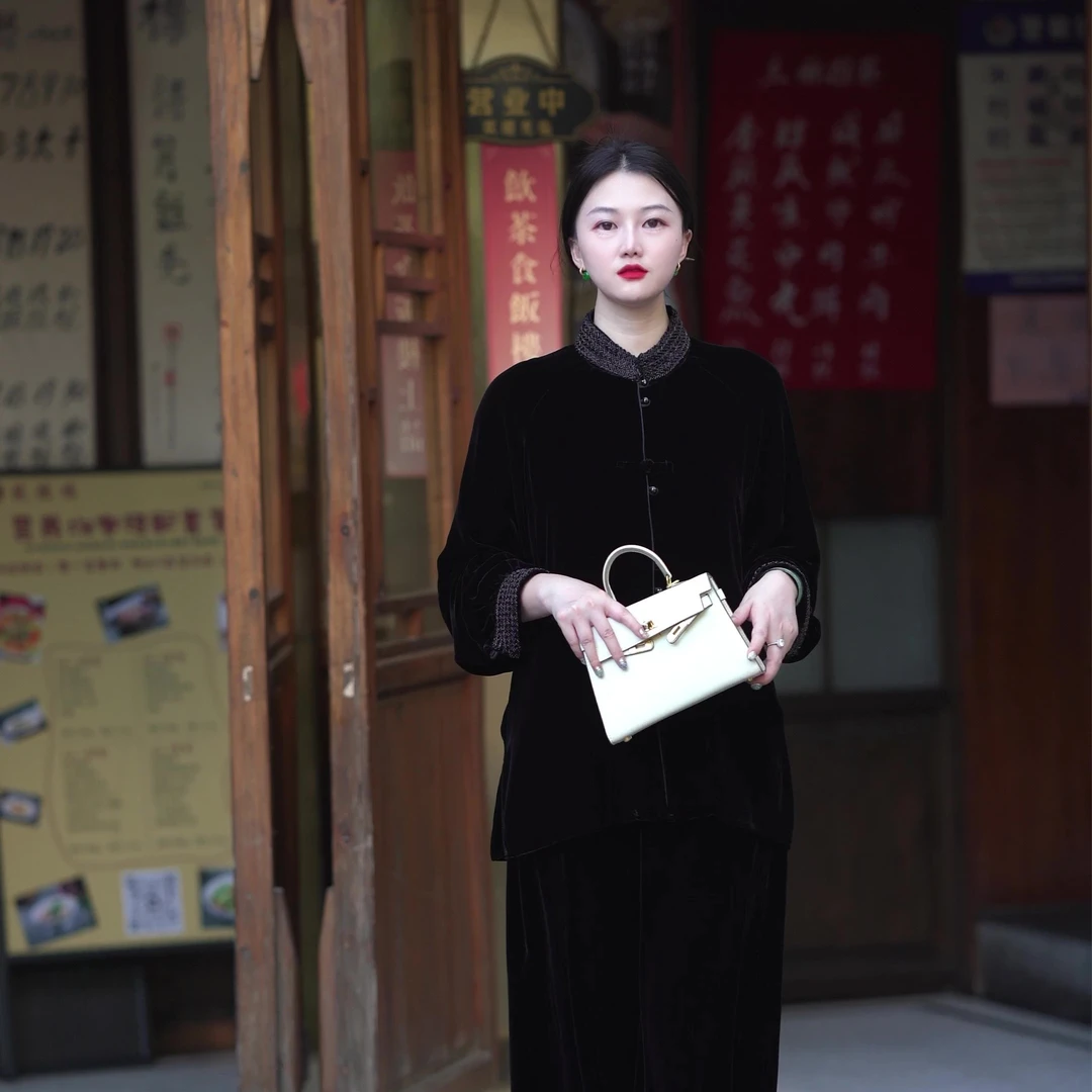 【质感黑】桑蚕丝丝绒复古中国风中式长袖女士立领黑色气质提花时尚