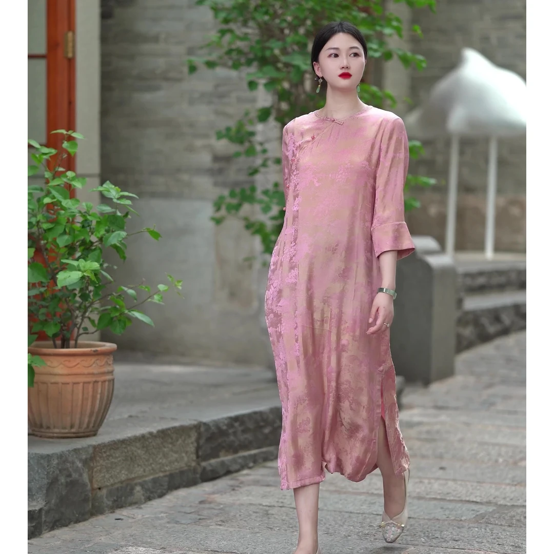 「桃夭长裙」长款气质连衣裙优雅复古长袖宽松时尚裙子高档高端秋款