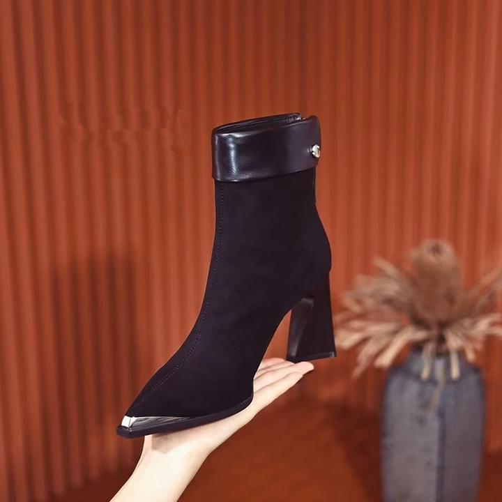 女士小短靴爆款2024洋气秋冬新款气质高跟鞋尖头女粗跟时尚及踝靴
