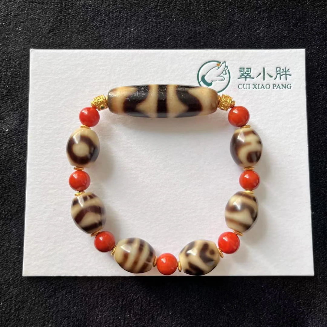 翠小胖   925银双水纹虎牙搭三眼宝瓶玛瑙手串搭南红