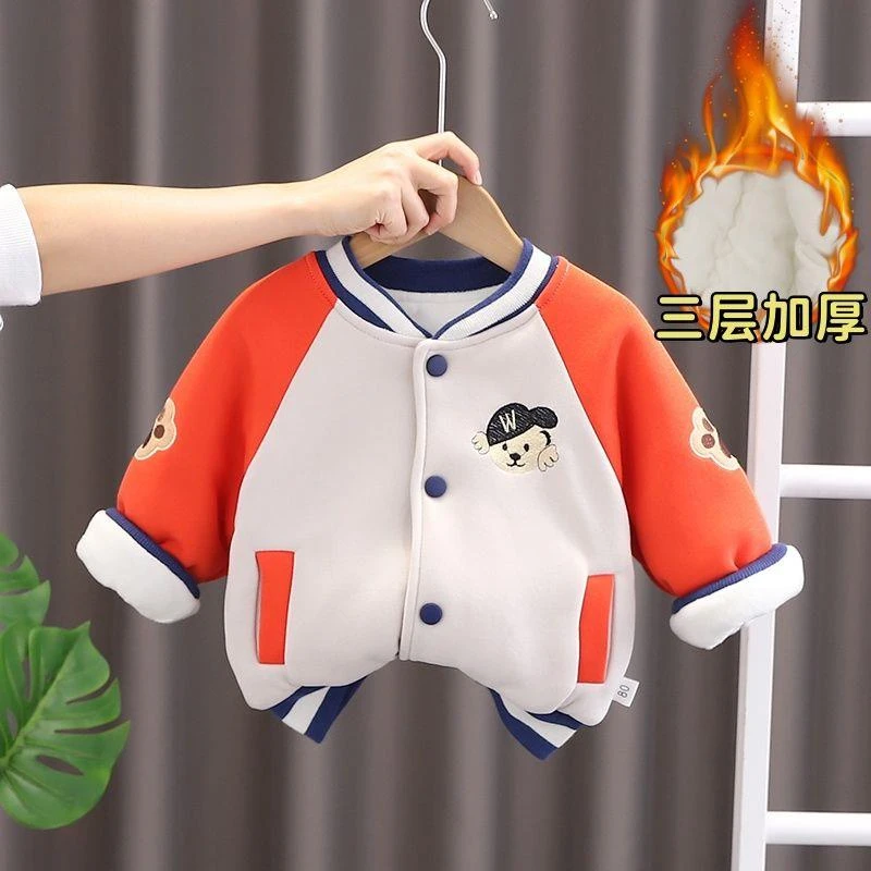 儿童冬季加绒棒球服外套2023新款休闲男宝宝三层加厚棉衣夹棉上衣