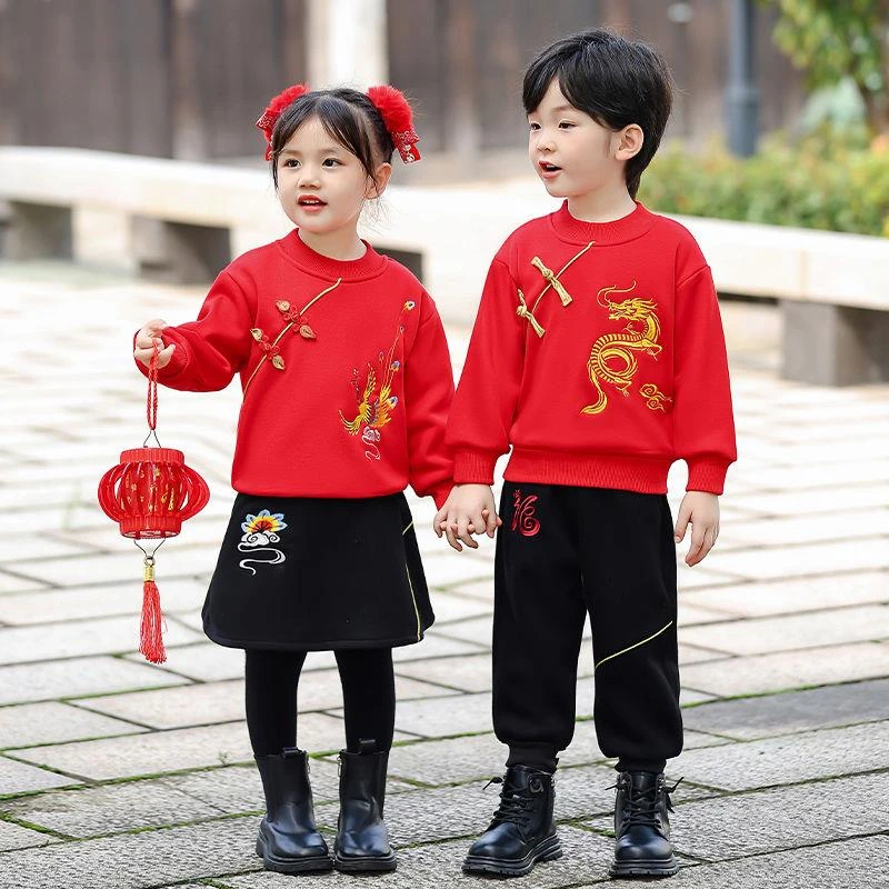 男女童中国风儿童唐装加绒卫衣元旦喜庆演出服宝宝拜年服周岁礼服
