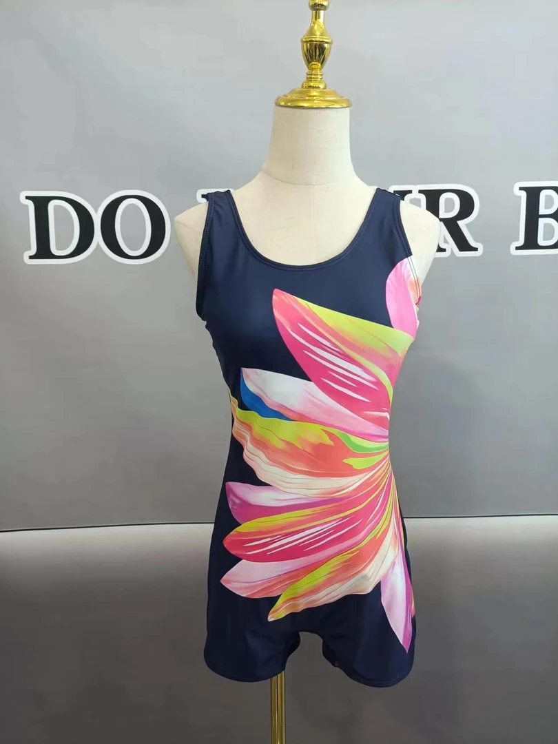 花开富贵女连体无袖平角温泉竞速遮肚显瘦性感时尚运动速干游泳衣