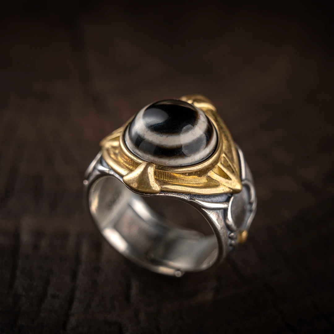 【喜珠】天然缠丝天眼玛瑙戒指 一线药师羊眼圆眼 925银男女时尚