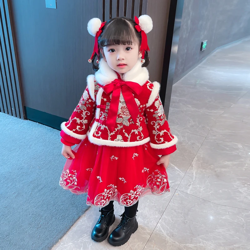 女童汉服女童冬装新款过年服装中国风秋冬季加厚新年装红色拜年服
