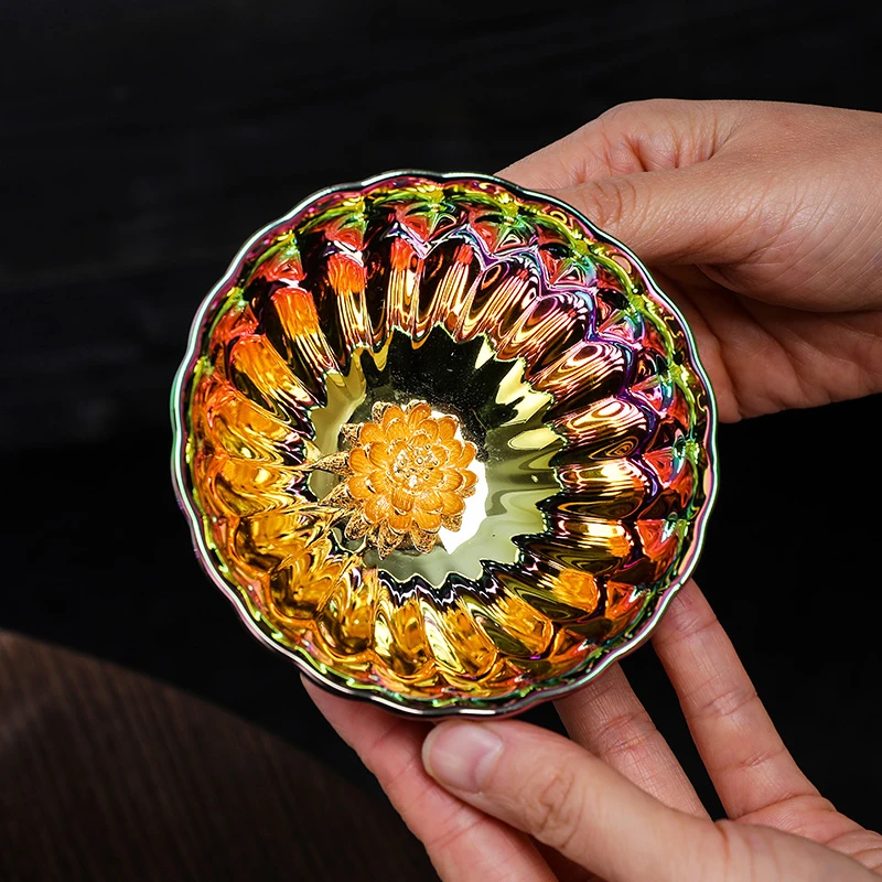 镶金七彩炫彩花瓣陶瓷功夫茶杯主人杯茶盏单杯窑变品茗杯茶碗