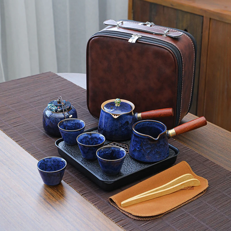 窑变旅行茶具套装户外便携式陶瓷快客杯一壶四杯办公室泡茶壶喝茶