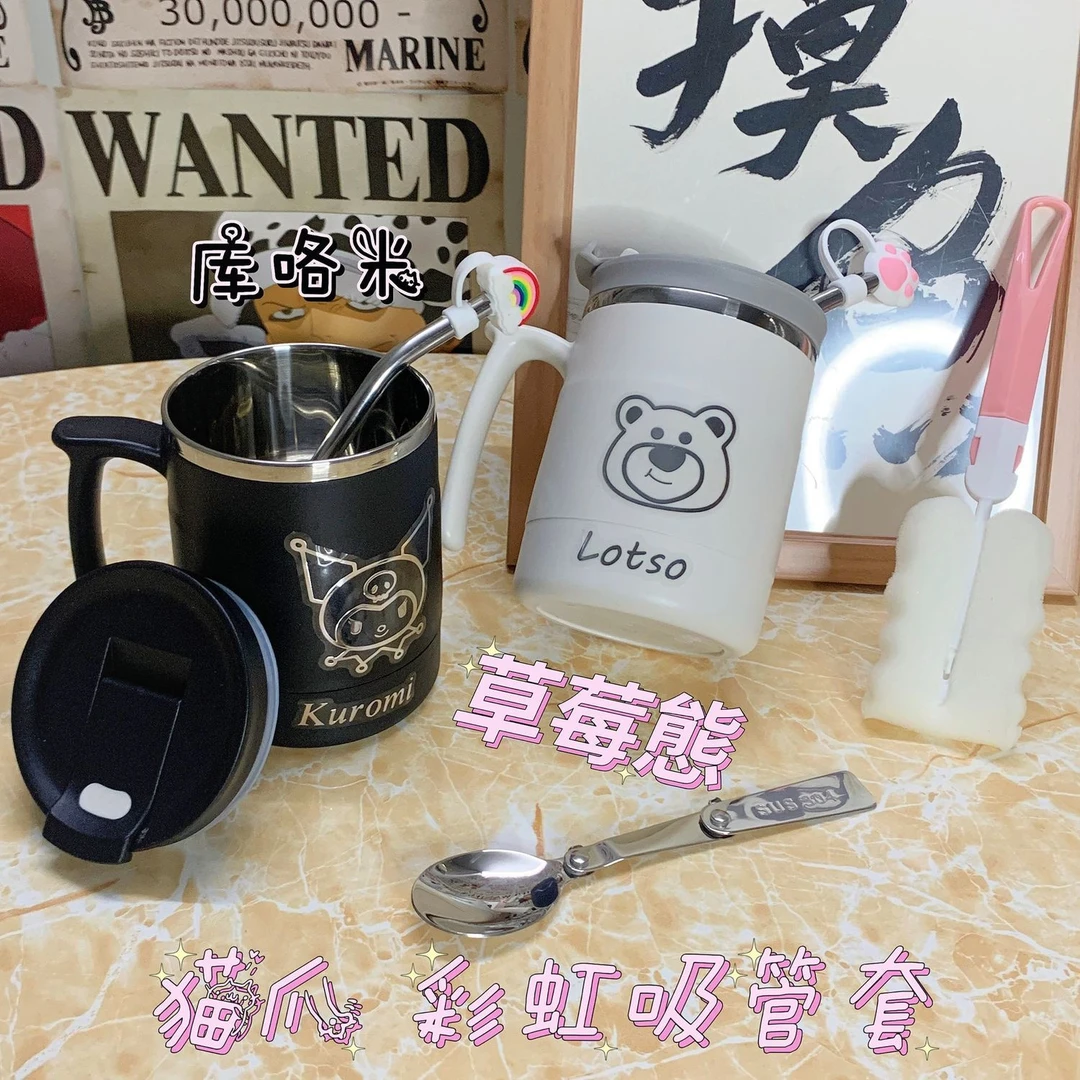 草莓熊可爱304不锈钢咖啡杯带盖马克杯ins情侣宿舍防摔防摔杯子