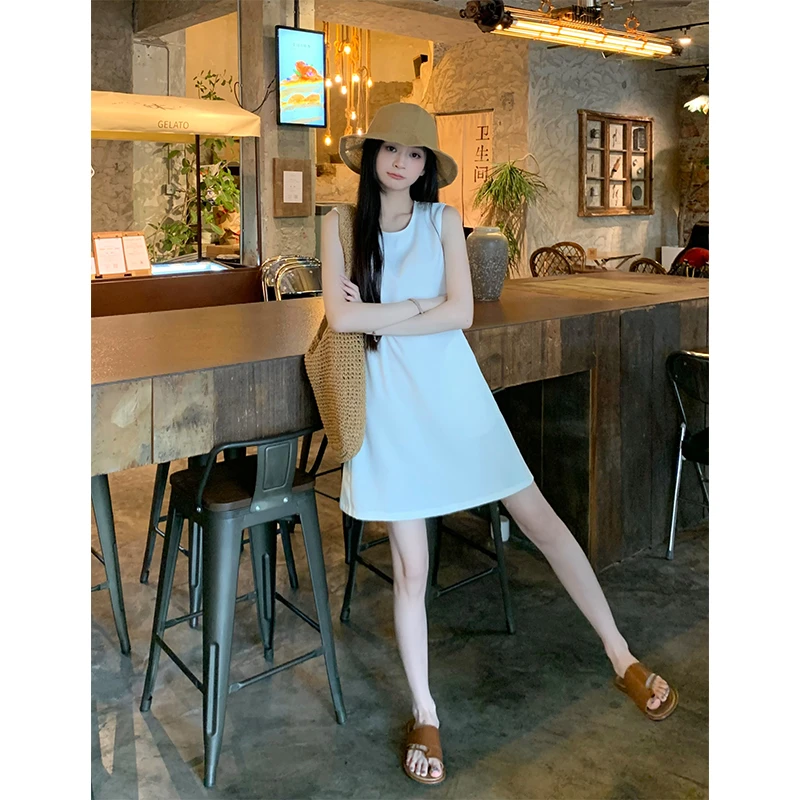 高级感无袖黑色圆领背心中长连衣裙经典小黑白裙直筒a字裙 z106