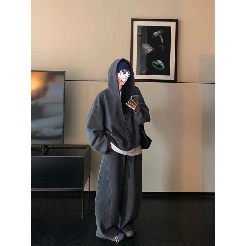 秋冬时尚加绒加厚宽松连帽休闲卫衣外套套装松紧腰阔腿裤女 z379