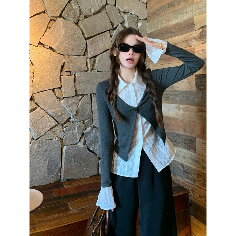 设计感假两件上衣女深灰色针织衫拼接气质修身喇叭袖衬衫时尚Z247