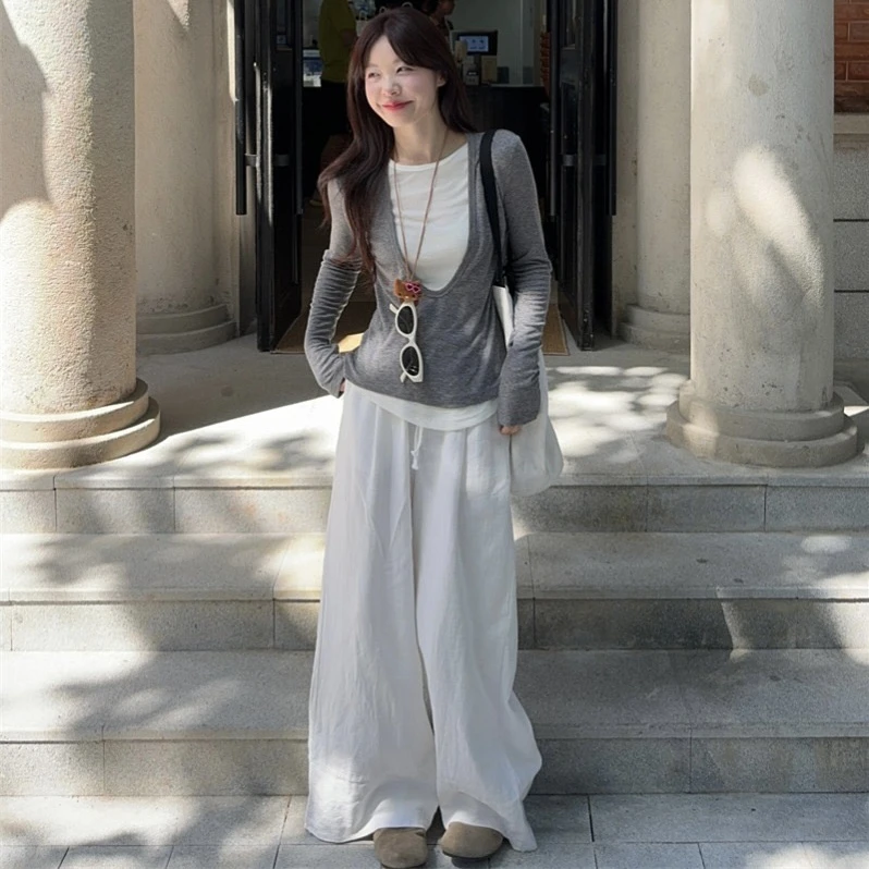 秋冬圆领黑白撞色拼接长袖宽松慵懒t恤夏季上衣打底衫3011