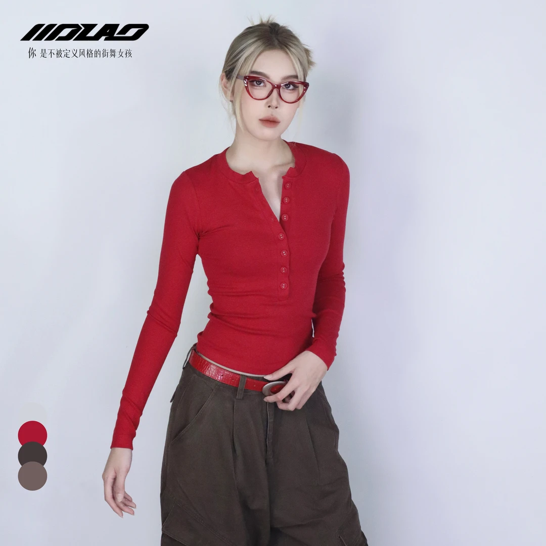 大佬妙纽扣长袖打底内搭女士圆领上衣针织秋冬显白气质7398