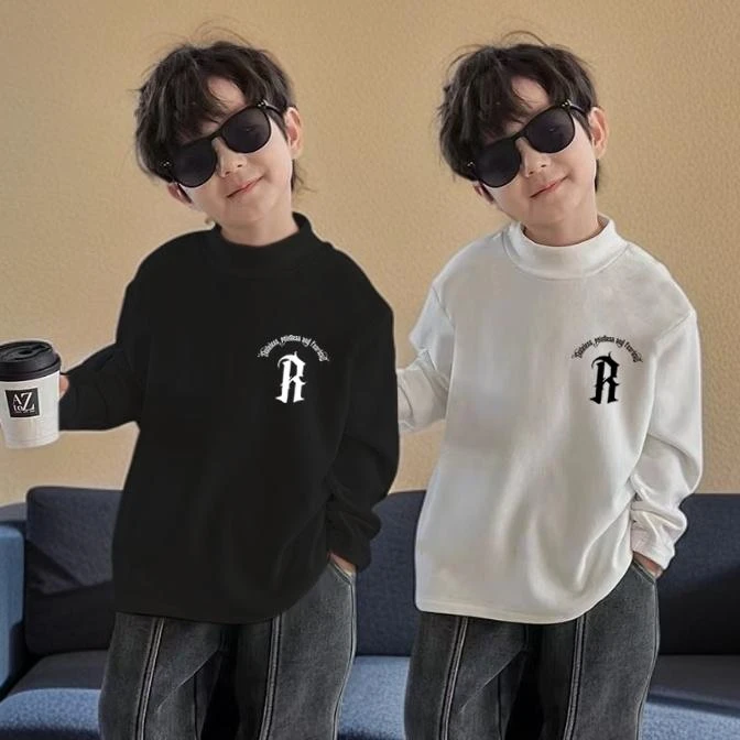 儿童半高领打底衫秋冬中大童双面磨毛德绒保暖长袖T恤印花上衣潮