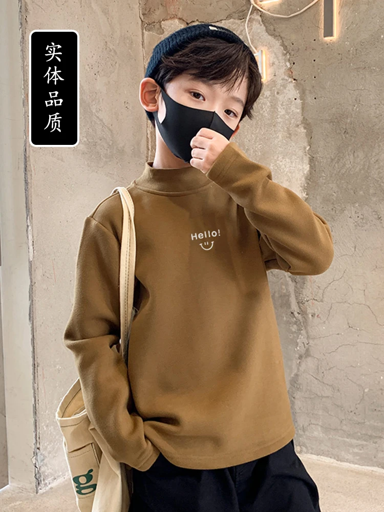 儿童半高领打底衫秋冬男童中大童双面磨毛保暖长袖T恤印花上衣潮