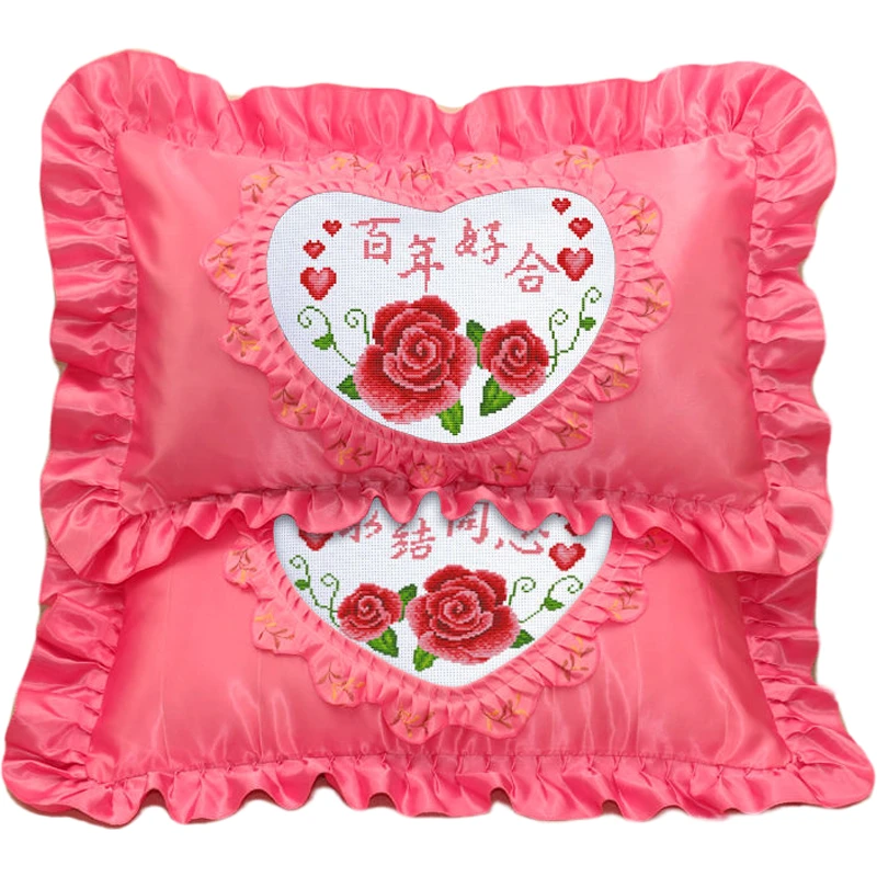 新款印花结婚喜庆简单十字绣单人抱枕手工刺绣卧室情侣枕套一对装