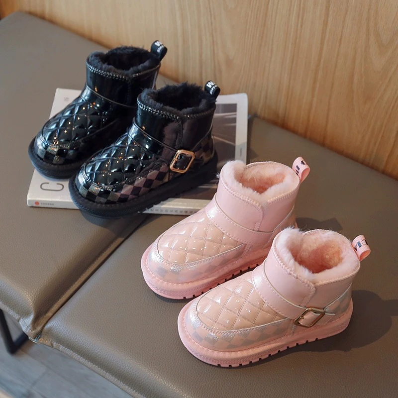 儿童加绒加厚雪地靴2023冬季男童纯色一脚蹬大棉靴女童短靴-YNA-8