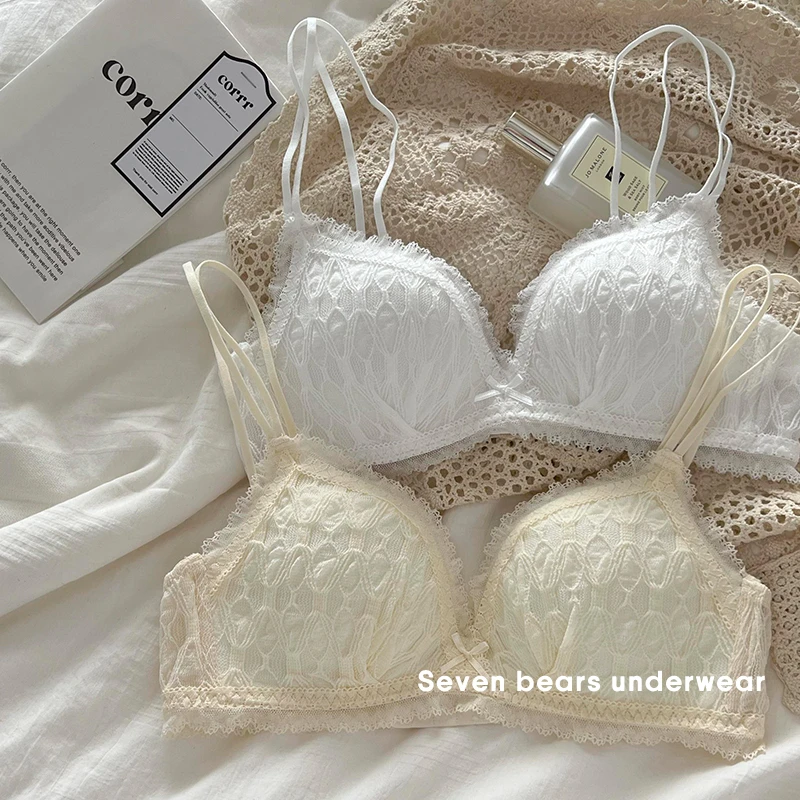 交叉美背内衣女小胸聚拢显大薄款蕾丝无钢圈收副乳防下垂文胸罩