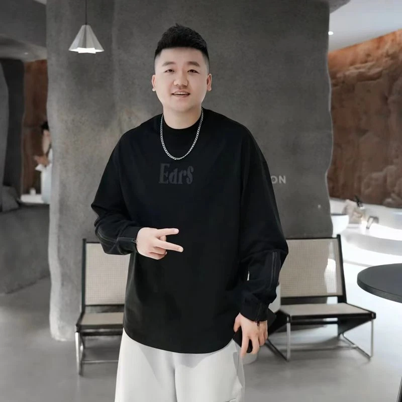 秋冬新款男士贴皮绣百搭衬衫袖口纯棉圆领卫衣高品质宽松时尚上衣