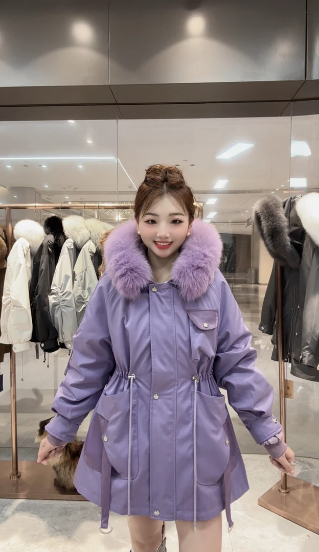 【TD紫霞】2024冬季新款百搭修身女士派克服加厚保暖大毛领外套212