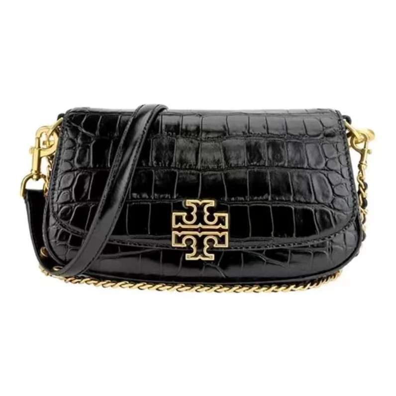 99新 Tory Burch/汤丽柏琦 女包黑色鳄压纹牛皮法棍斜挎包腋下包