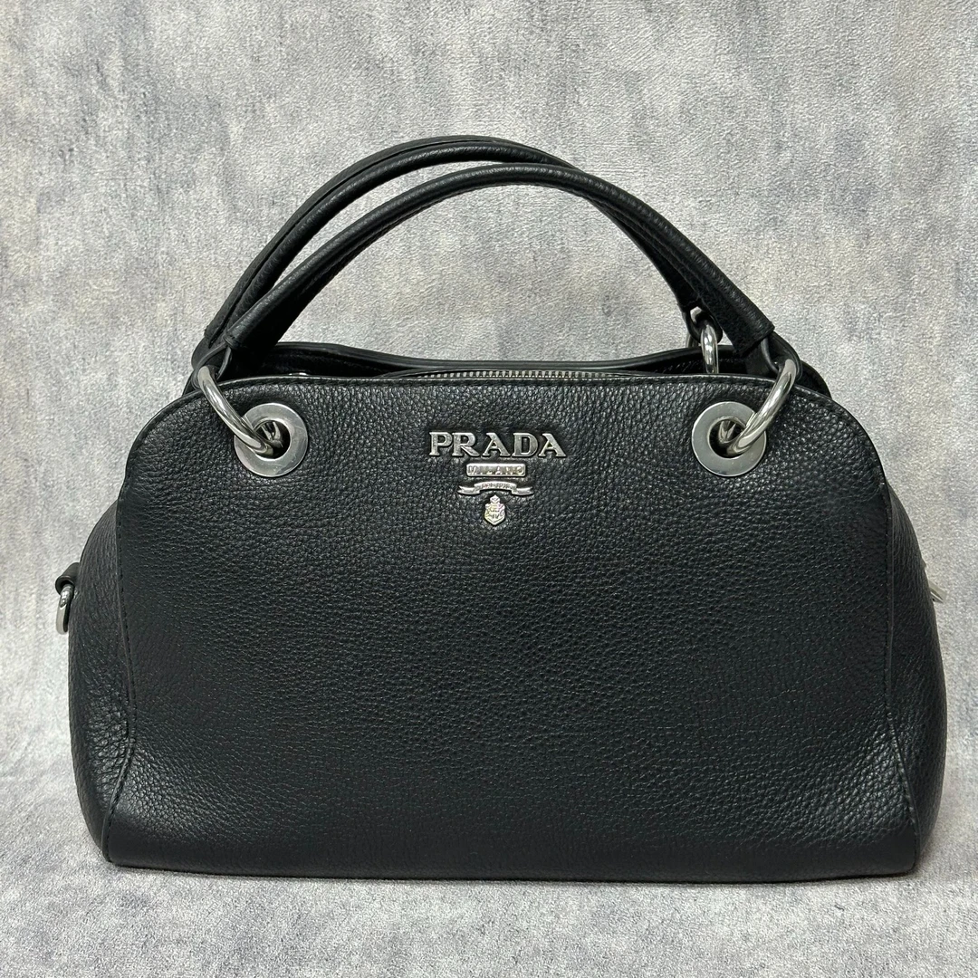 99新 Prada/普拉达 黑色荔枝纹牛皮革手提单肩包