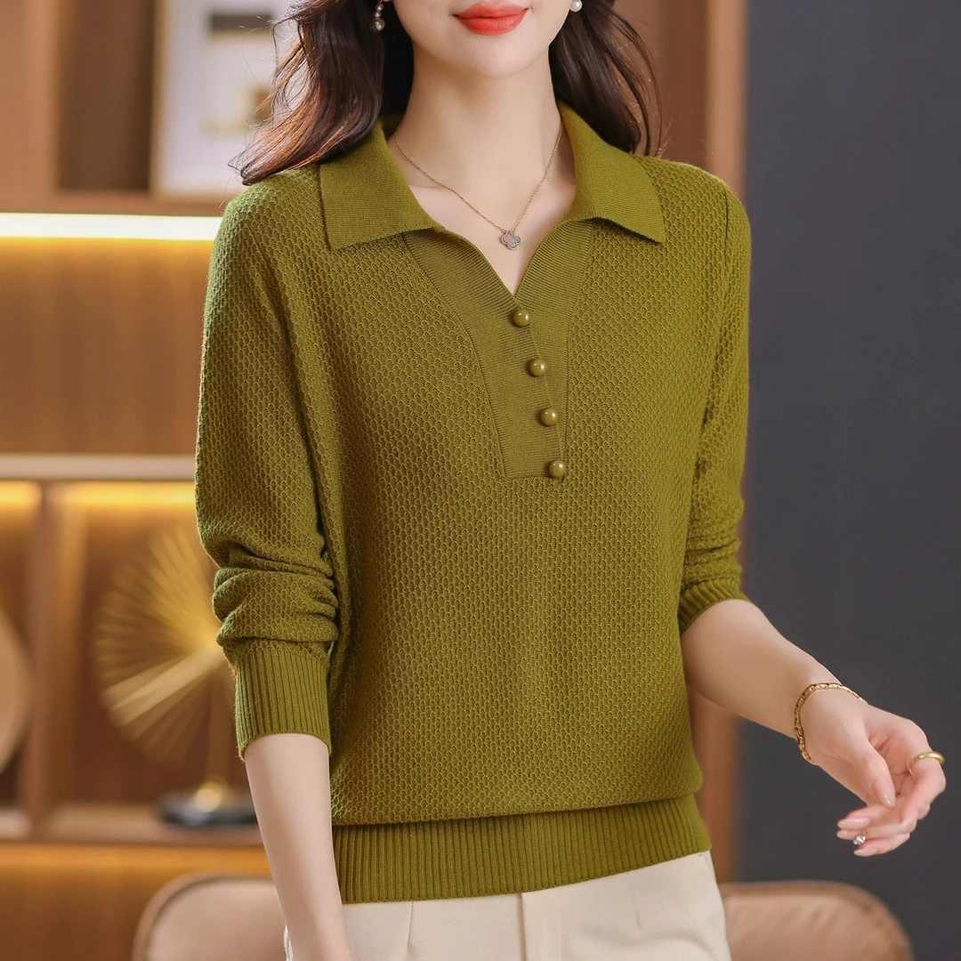 秋季重工提花女装上衣时尚翻领宽松显瘦气质针织衫洋气百搭打底衫