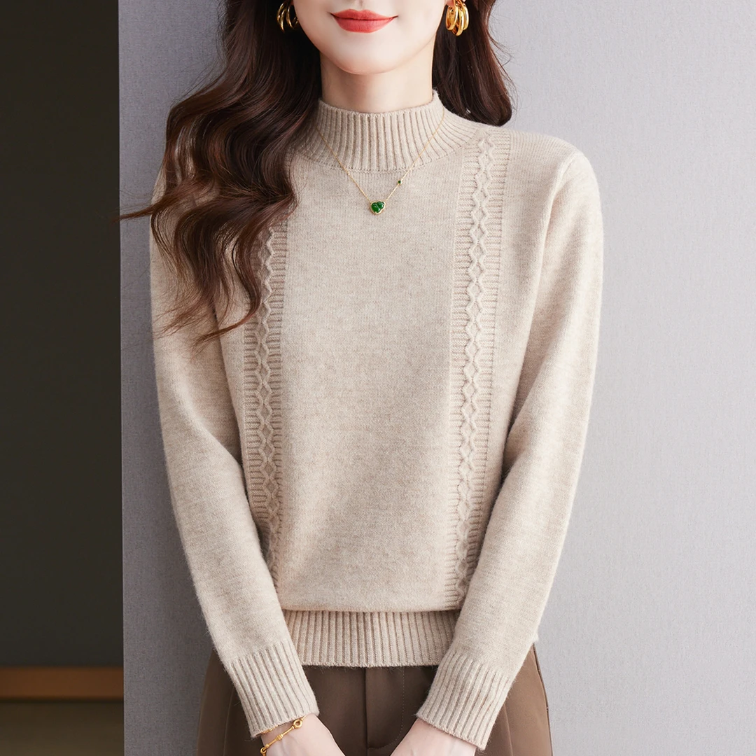 洋气提花纯色打底衫女时尚百搭半高领针织衫秋冬简约女士过年衣服