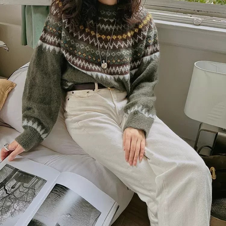 TOPCLOSET复古文艺 法式慵懒氛围费尔岛提花羊毛马海毛套头毛衣