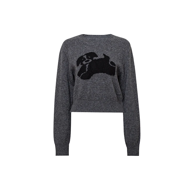 TOPCLOSET cutedog 法式复古时髦格雷系抽象小狗荃羊毛圆领针织衫