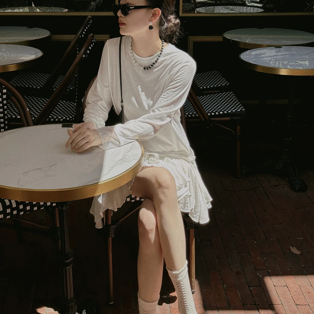 TOPCLOSET 吸睛基础款 法式复古时髦休闲风圆领蕾丝拼接棉感长袖T