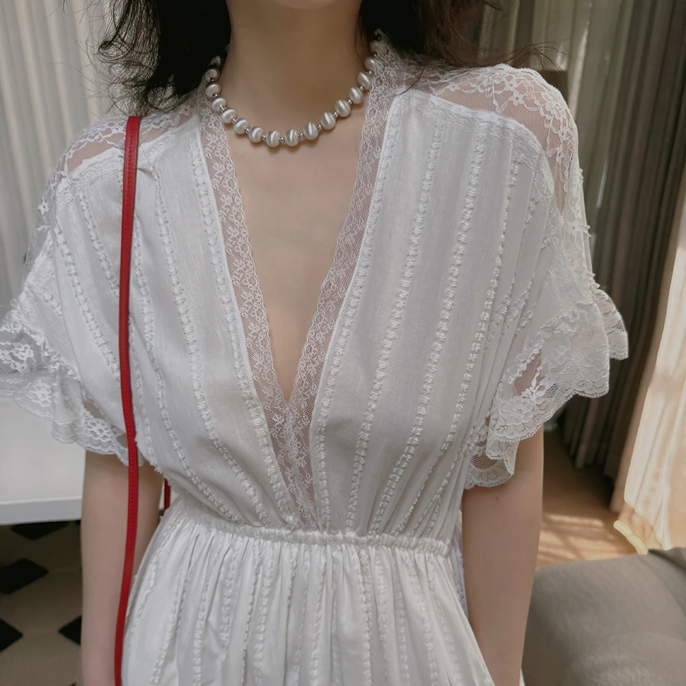 TOPCLOSET 唯美飘逸 法式浪漫竖条提花拼接蕾丝花边v领显瘦连衣裙