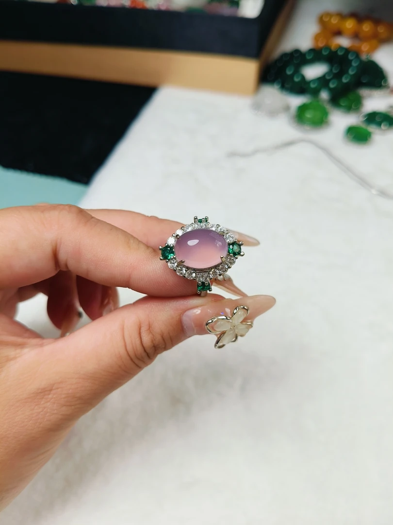 正品天然玉髓粉紫色豪华版戒指