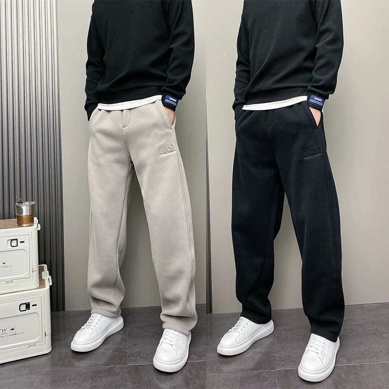 2025年冬季加绒加厚潮流韩版痞帅宽松哈伦直筒青年男士休闲卫裤子